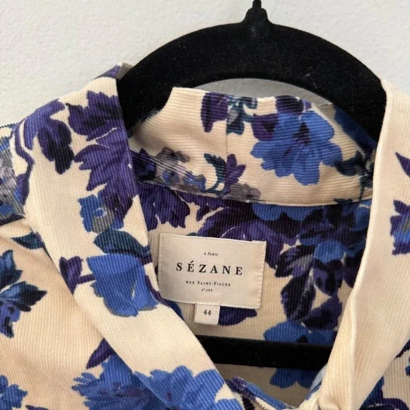 Sezane women's Floral Soledad dress Tiered Mini Dress Blue Cream size 12 (44) - Picture 2 of 9